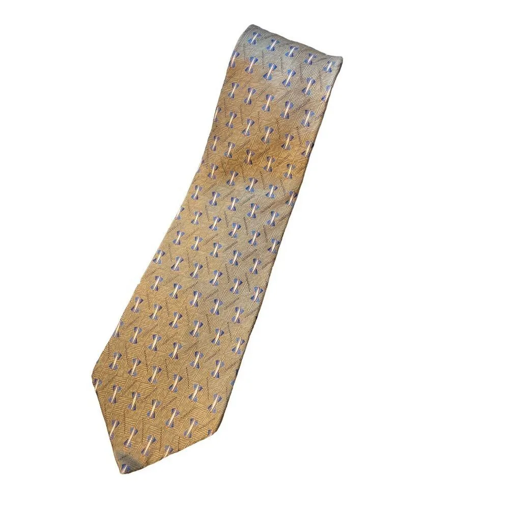 NEO Bill Blass Tan Blue Patterned Silk Necktie